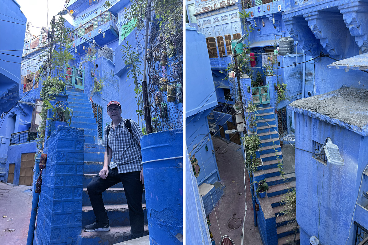 Blå hus og smale gater i gamlebyen i Jodhpur i Rajasthan