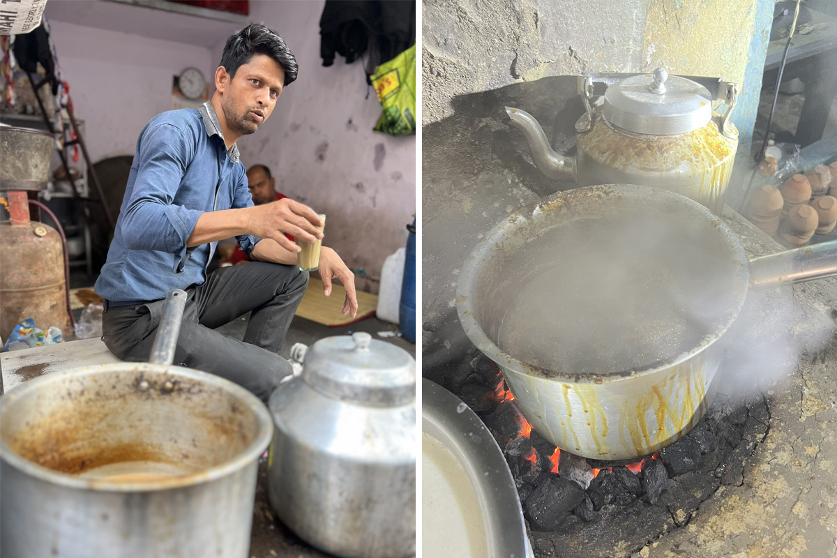 Indisk chai koker i en stor kjele på en tebod