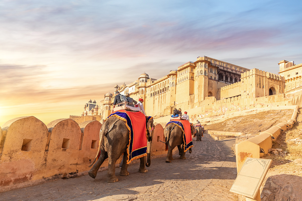 Amber Fort utenfor Jaipur med utsikt mot Maota Lake i Rajasthan